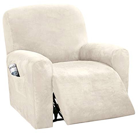 H.VERSAILTEX Velvet Stretch Recliner Couch Covers 4-Pieces Style Recliner Chair Covers Recliner Cover for Reclining Chair Slipcovers Feature Non Slip Form Fitted Thick Soft Washable, Ivory