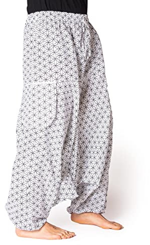 PANASIAM Pantaloni Aladin 'geometrix', con motivi tradizionali giapponesi, prodotti in piccole aziende familiari, Fiore della Vita Bianco, XL