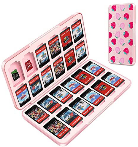 OLDZHU Rosa Carino Switch Box Games Compatibile con Nintendo Switch,Custodia per gioco portatile per Nintendo Switch OLED con 24 cartucce di gioco e 24 schede Micro SD,Custodia rigida in silicone