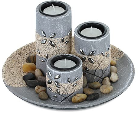 Relaxdays Teelichthalter Set, runde Dekoschale, mit Teelichtern und Steinen, Tischdeko Wohnzimmer, Esszimmer, grau/Sand