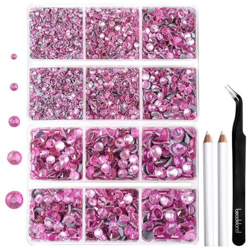 Rhinestone självhäftande för kläder, rosa Hotfix strass för hantverk och kläder, 5 blandade storlekar, termostrumpbyxor kristaller med vaxklämma och pennsats, SS6-SS30, mörkrosa