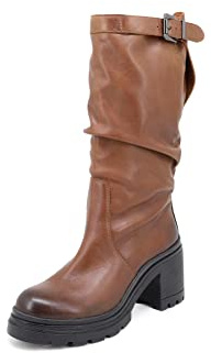QUEEN HELENA Stivali di Pelle con Tacco Plateau Biker Arricciati Invernali Donna QH21L48