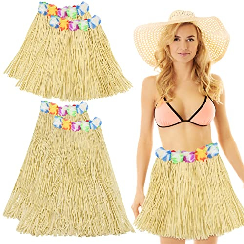 4 Stück Hula Gras Röcke, 2 Stück 80cm und 2 Stück 40cm langes hawaiianisches Gras Hula Stil Rock, hawaiianische Party Dekorationen Hula Röcke für Fancy Dress Hawaiian Aloha Sommer Strand Pool Party
