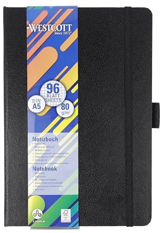 Westcott Notizbuch DIN A5 kariert | 192 Seiten im edlen Hardcover-Einband | 80 g/m² nachhaltiges FSC-Mix Papier | mit Innentasche, Lesezeichen, Gummizug und Stifthalter | E-744836 00