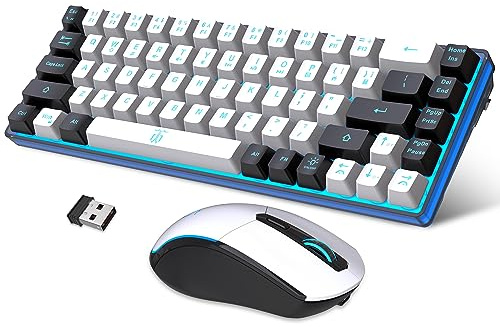 Snpurdiri - Combo de teclado y mouse para juegos 60% inalámbrico, batería recargable de 2000 mAh, mini teclado mecánico anti-fantasma + ratones RGB populares para juegos, oficina (blanco-negro)