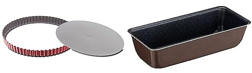 TefalJ 1641514 Delibake Moule A Tarte 28 cm A Fond Amovible Acier Rouge Carbone & Perfectbake Moule A Cake 28cm Aluminium 100% Recyclé J5547302, fabriqué en France