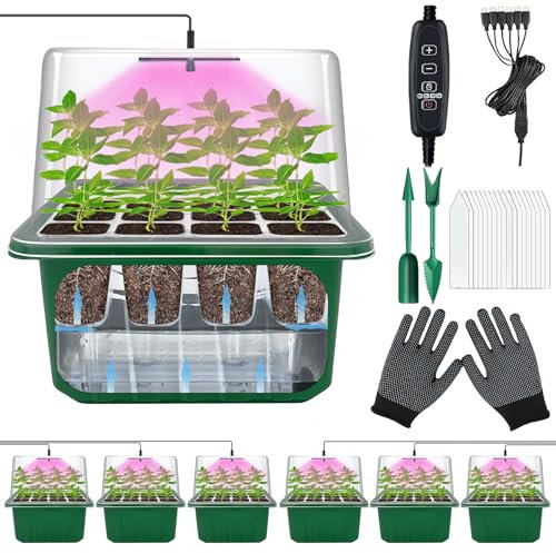 VEEKAY 6 Pezzi Autoinnaffianti Vassoio Germinazione,Con Luce Solare A Spettro Completo Mini Kit,Luminosità Regolabile e Regolatore di Temporizzazione,Umidità Regolabile,Con Cuscinetto Assorbente