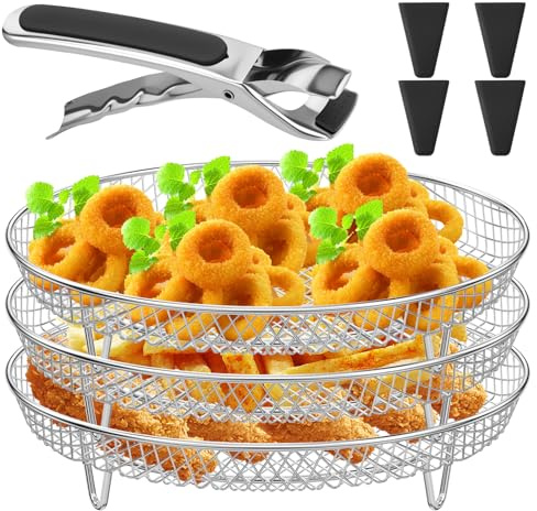 Air Fryer Rack Round for 3 Layer Air Fryer Accessories Stacking Bacon Racks with 4 Heightening Feet 1 Clip Stainless Steel Dehydrator Rack Basket Tray for Baking Roasting Air Fryer Oven