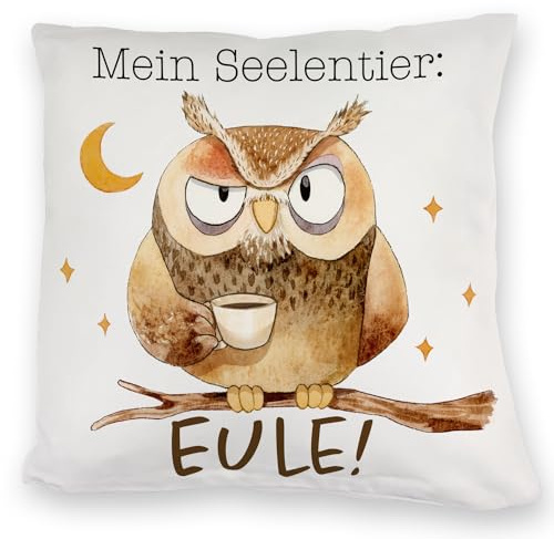 Eule Kuschelkissen mit Spruch Mein Seelentier Eule Lieblingstier Uhu Nachteule LieblingsKuschelkissen Spirit Animal für den Nachtmensch Mann