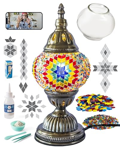 KRAFTSTORIES Turkish Mosaic Lamp Kit DIY Glass Decorative Table Bedside Night Light Tabletop for Living Room Bedroom | Make Your Own Lamp | Antique Bronze Base (Multicolor)