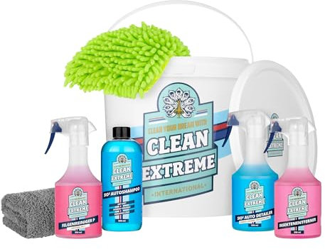 CLEANEXTREME SiO2 Autowäsche Set - mit 500ml SiO2 Autoshampoo, 500ml SiO2 Auto-Detailer, 500ml Felgenreiniger, 500ml Insektenentferner und Autopflege Zubehör
