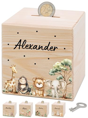 Bärenfreunde® - Personalisierte Spardose Kinder aus Holz mit Metallschloss - Spardose mit Namen mit kinderfreundlichem UV-Druck zum Sparen für Kinderträume (Safari Tiere Punkte)