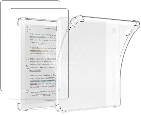 MEMELOKA Hülle für Kobo Libra Colour 7 Zoll mit 2 Stück Schutzfolie, Weiche Stoßfeste Anti-Gelbfärbung Silikon Schutzhülle mit Verstärkten Airbags - (Transparent)