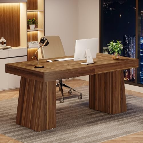 Tribesigns 140 cm Schreibtisch, Moderner Home-Office-Schreibtisch mit Doppeltem Trapezfuß, Holz-Computertisch, Business-Arbeitsplatz, Kleiner Konferenztisch, Braun