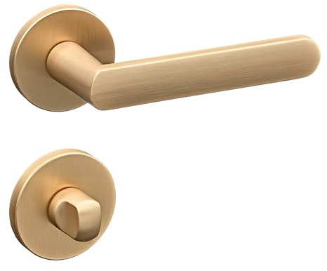 Gavroche Türgriff für Badtüren WC Drückergarnitur Set Türklinken mit WC-Verschluss für Badezimmer und Toilette in Matt Gold Optik mit runder Rosettengarnitur aus Zink Türbeschlag für Badezimmertüren