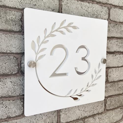 Plaque de numéro de maison personnalisable en acrylique 3D bicolore (blanc et argent) avec numéros flottants et guirlande, pour intérieur et extérieur, idéale pour maisons, hôtels, appartements et