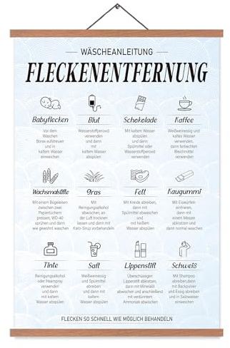 EASTJOY Waschküche Poster,Leitfaden zur Fleckenentfernung,Waschguide,Waschanleitung Poster,Deutsch,mit Teak Holz Posterleiste 60X40cm(A2)