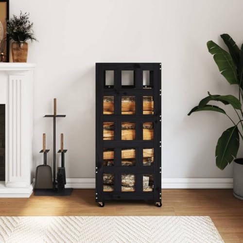 LLEZKBR Mobili select-Portalegna con ruote Nero 40x49x110 cm Legno massello di pino