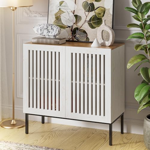 BVIUNTWO 31.5 Farmhouse Buffet Cabinet with Metal Base, Adjustable Shelf & 2 Doors, Antique White Storage Sideboard for Kitchen, Dining & Living Room