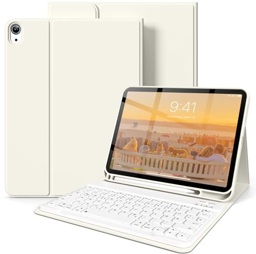 SZPSGC Hülle mit Tastatur für iPad A16 11/10 Gen (2025/2022, 11/10,9 Zoll) | Soft TPU Rückseite Gehäuse, Mit Stifthalter, Magnetisch Abnehmbarer Tastatur, Bluetooth Tastatur mit QWERTZ Layout, Creme