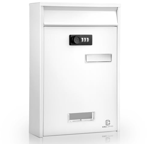 KINGCEPHAS Wall-Mounted Mailbox with Combination Lock, Suggestion Box, Square & Upright Capacity, Waterproof Postbox, High Rust Resistance Letterbox,Mailboxes for Outside, 8.5” x 3” x 12.4” (White)