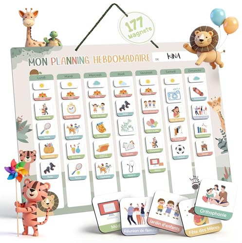 BIROYAL Planning de Semainier Enfant - 42×32 cm Calendrier Enfant éducatif Montessori avec 177 Aimants & Cordelette - Tableau de Recompense Enfant - Tableau routine enfant effaçable et réutilisable