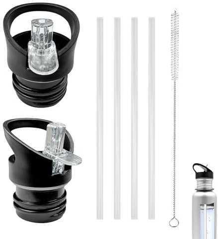 2 Pezzi Tappo Borraccia Ricambio, per 45 mm Bocchette, Ricambio Coperchio con Cannuccia, Nero, Riutilizzabile, con Spazzola per Pulizia di Paglia, per Hydro Flask