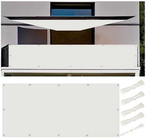 Balkon Sichtschutz 50x1600cm Balkonabdeckung Wetterfest, Sonnensegel 0.5x16M Wasserdicht Rechteckig Sonnensegel Balkon Ohne Bohren Segeltuch mit Ösen und Kordel für Garten Terrasse, Weiß