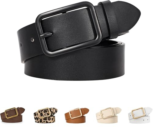 LEACOOLKEY Damen Ledergürtel schwarz mit Klassischer quadratischer Schnalle damen gürtel für Jeanshosen, 3.3cm Breite