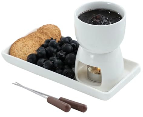 Chocolate Fondue Set Ceramic Chocolate Cheese Fondue Sets 150ml White Tea Light Candle Warmer Fondue Set with 2 Forks and 1 Rectangle Dessert Plates Ideal for Afternoon Tea