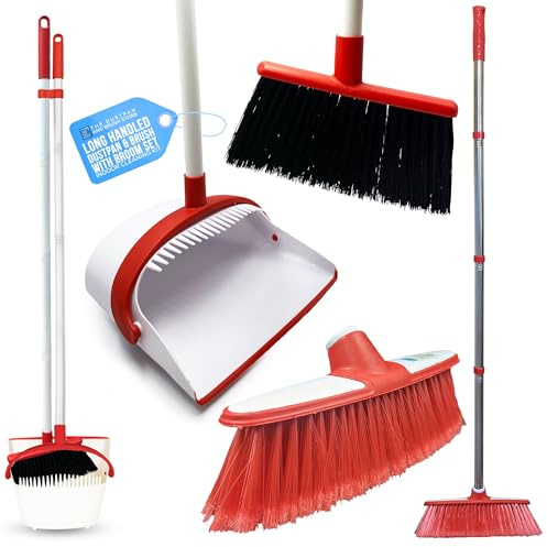 Long Handled Dustpan and Brush Sets and Sweeping Brush Indoor - 180° Swivel Dustpan Head with Soft Bristles, 120cm Handle, Perfect Dustpan and Brush and Floor Brush for Home Cleaning - White/Red