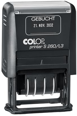 COLOP Datumstempel Printer S 260/L3 mit Text GEBUCHT, Sprache: Deutsch, Abdruckfarbe: blau/rot, Jahresband für 12 Jahre