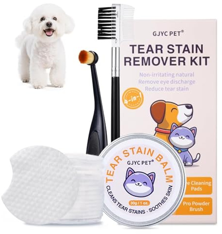 Kit removedor de manchas de lágrimas para perros y gatos, incluye bálsamo para manchas de lágrimas, peine, cepillo para polvo y 20 almohadillas de algodón. Limpia suavemente, reduce el enrojecimiento