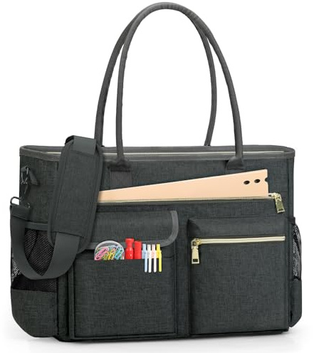 RAINSMORE Sac de Professeur Sac a Main pour Les Cours Lycee pour Ordinateur 15.6 Grand Sac Cabas Femme pour Enseignant D'infirmière D'étudiant Gris Foncé