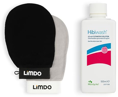 Hibiwash Skin Cleansing Kit - Antibacterial Body Wash 500ml with Limdo Exfoliating Gloves Bath SPA Exfoliating Mitts, Dual-Sided Deep Clean Dead Skin Remover Glove