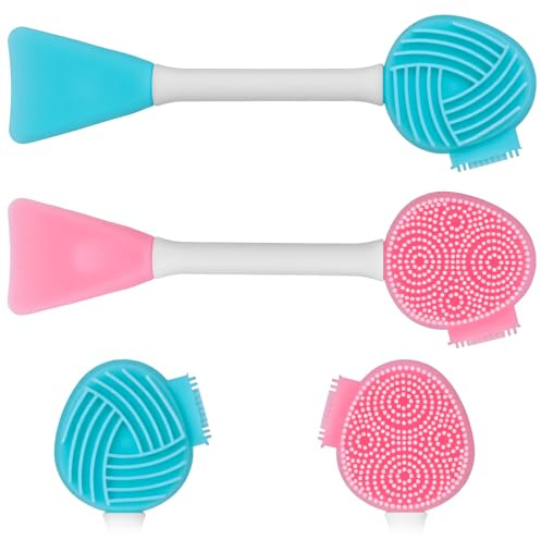 Guduling 2 Pcs Pore Cleaning Brush,4 in 1 Face Cleansing Brush,Dual-Ended Silicone Face Scrubber, Lip Scrub Brushes,Facial Cleansing Tool,Silicone Lip Scrubber for Skincare(Blue & Pink)