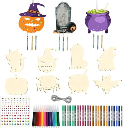 Xvbhaq Ein Satz Windspiel Bastelset Kinder Halloween Bastelsets, Horror Ghosts, Kürbisse, Fledermäuse und Grabsteine usw, Holz Basteln Kinder für Halloween