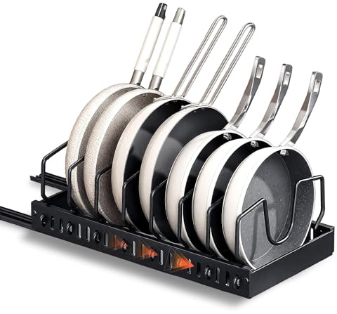 Bestdin Pull Out Pot and Pan Organizer for Cabinet - Pans and Pots Organizer for Kitchen Storage Cabinets with 8 Adjustable Dividers, Removable & Drill-Free Installation, Multi-Purpose Storage Rack