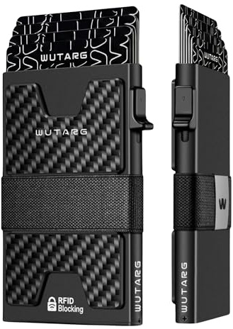 Tarjetero Hombre RFID - cartera minimalista metálica NFC con botón lateral, portatarjetas slim aluminio 6061, banda elástica para billetes, bloqueo antirrobo - 6 ranuras, 12 tarjetas (Carbon Black)