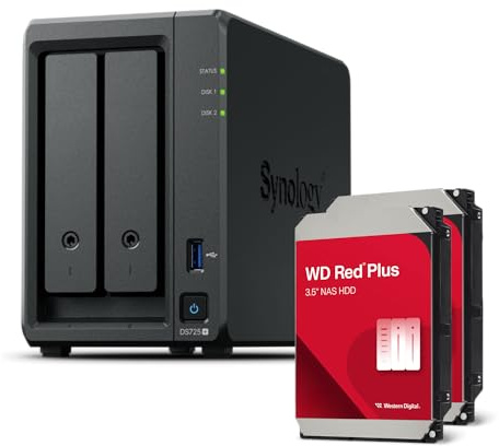 Synology DS725+ Bundle 16To Western Digital (WD Red Plus 2X 8To) Série 2 Bay Plus avec Ryzen R1600, 4 Go de RAM (32 Go max), 1 x 2,5 GbE, 1 x 1 GbE, 2 x emplacements M.2 NVMe