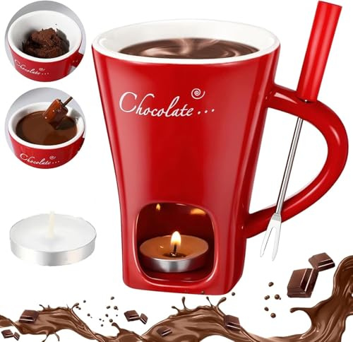 HiCWX Juego de tazas de fondue para derretir chocolate con tenedores y vela, taza de cerámica para derretir chocolates, juego de mini tazas para citas, noche, cumpleaños, regalos de boda (rojo)