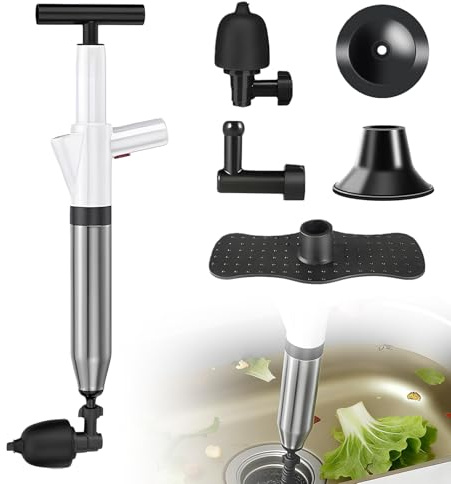 Déboucheur WC Haute Pression avec Manomètre, Pompe à Air Comprimé avec 4 Ventouses Interchangeables, Déboucheur Canalisation pour Toilettes, Évier, Douche et Cuisine