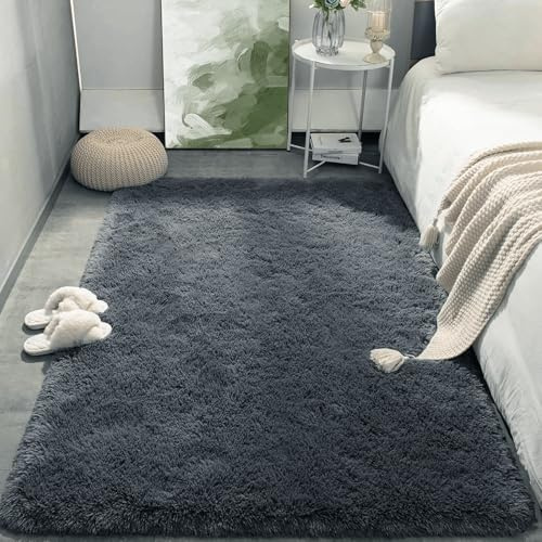 ZHIQXUE Teppich Shaggy 230 x 230 cm Kunstfell Weich Flauschiger Fellteppich Fell Imitat Kunstfell Super Soft für Terrasse Balkon Garten, Dunkelgrau