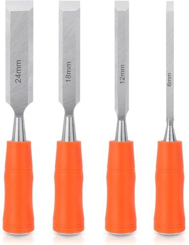 4-Piece Wood Chisel Set with Bevel Edge, 6mm 12mm 18mm 24mm Sizes, Ergonomic Handle for Wood Carving, Sculpting, Carpentry, Joinery & Fine Woodworking DIY Projects