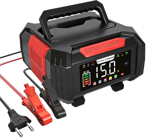 15A Cargador de Batería de Coche,12V/24V Cargador Baterias Coche Inteligente con Función de Reparación,Pantalla LCD,para Automóviles,Motocicletas, AGM, Gel, LiFePo4