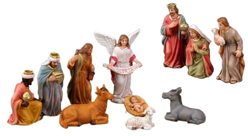 Kelisdi Figuras de belén de Navidad, belén estable de resina, decoración coleccionable de la sagrada familia, figura de mesa de Navidad