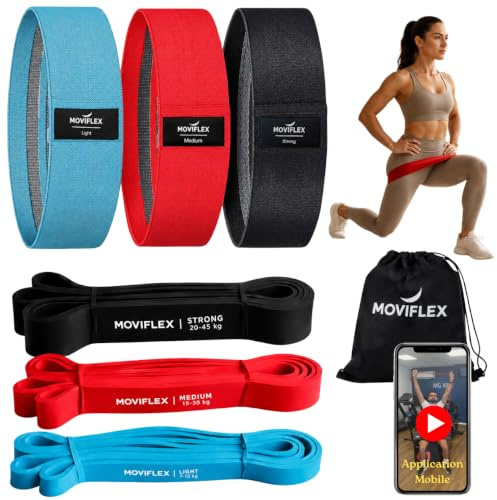 Moviflex Kit 6 Élastiques Musculation, Fitness, Sport – 3 Latex + 3 Tissu | Bandes de résistance progressives pour renforcement, mobilité, pilates et yoga – guide vidéo et sac inclus
