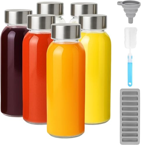 Glass Juice Bottles with Lids for Juicing, 300ml Clear Glass Water Bottles | Reusable Glass Water Bottles with Stainless Steel Airtight Cap for Refrigerator, 100% Leak Proof, BPA Free, Set of 6
