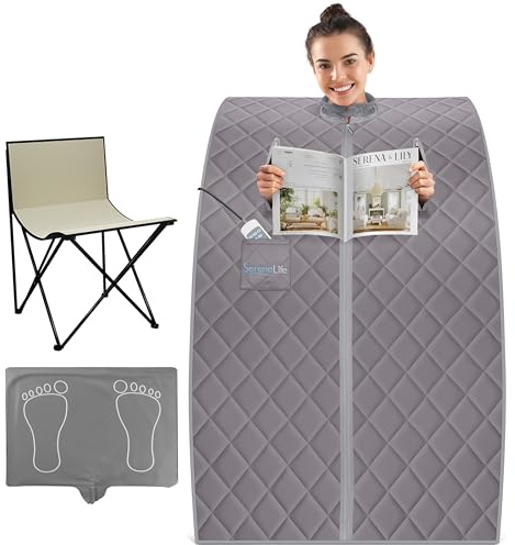SereneLife Portable Sauna for Home, Infrared Sauna Tent with Heated Foot Pad and Folding Chair, Compact Personal Rejuvenation Sauna, Remote Control in-Home Spa, 38 x 32” - (Gray)