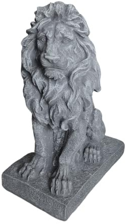 Relaxdays Löwen Figur, mit Sockel, H x B x T: 38 x 17 x 27 cm, Polyresin, UV-beständig, wetterfeste Gartendeko, grau